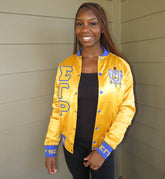 SGRho Gold Satin Bomber Jacket Custom Ribbon And Lining