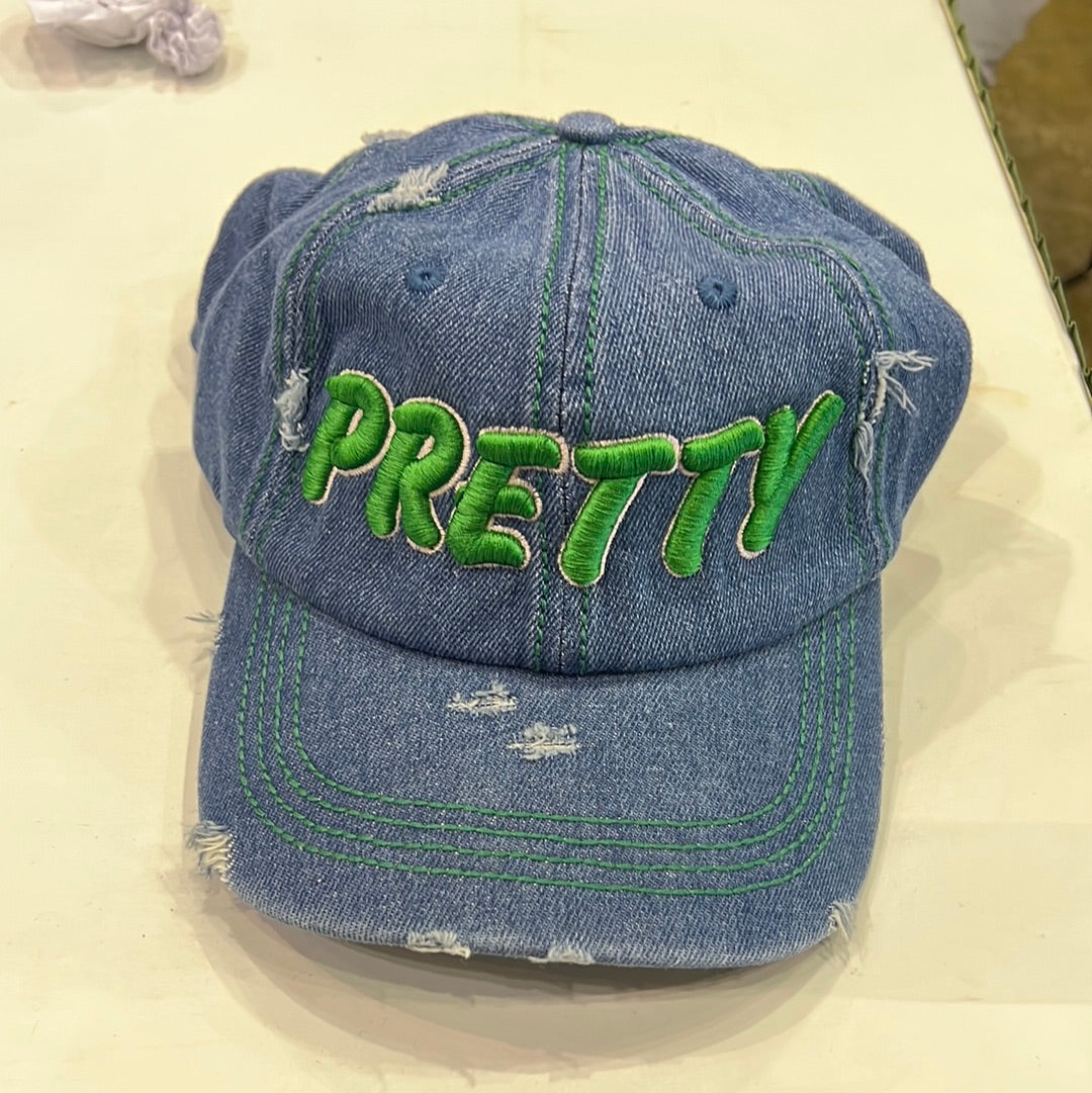 “PRETTY GIRL” Medium Wash Denim w/green stitching Hat