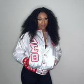Delta White Satin Bomber Jacket Custom Ribbon And Lining