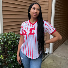 Delta White Pinstripe Baseball Jersey