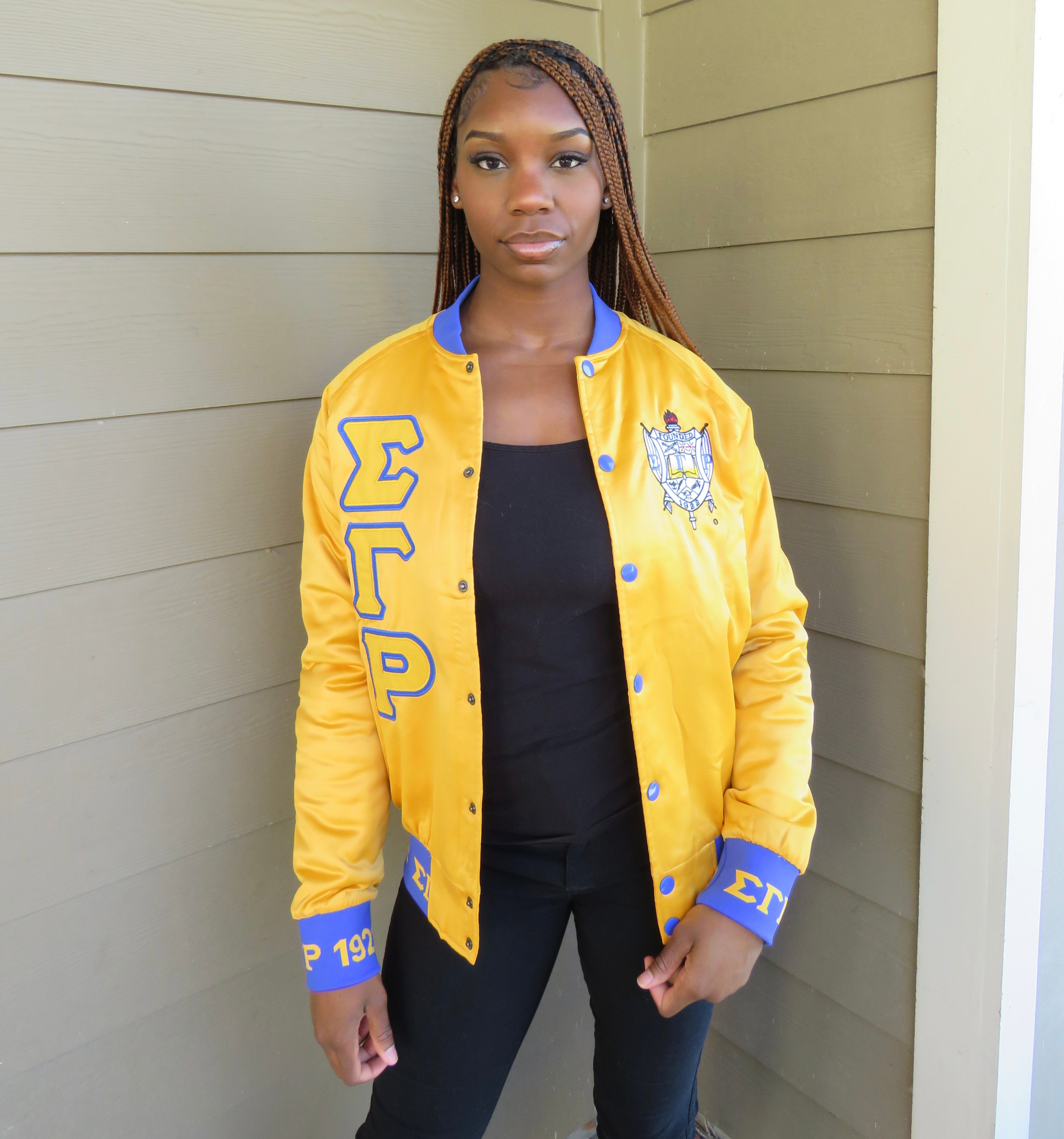SGRho Gold Satin Bomber Jacket Custom Ribbon And Lining