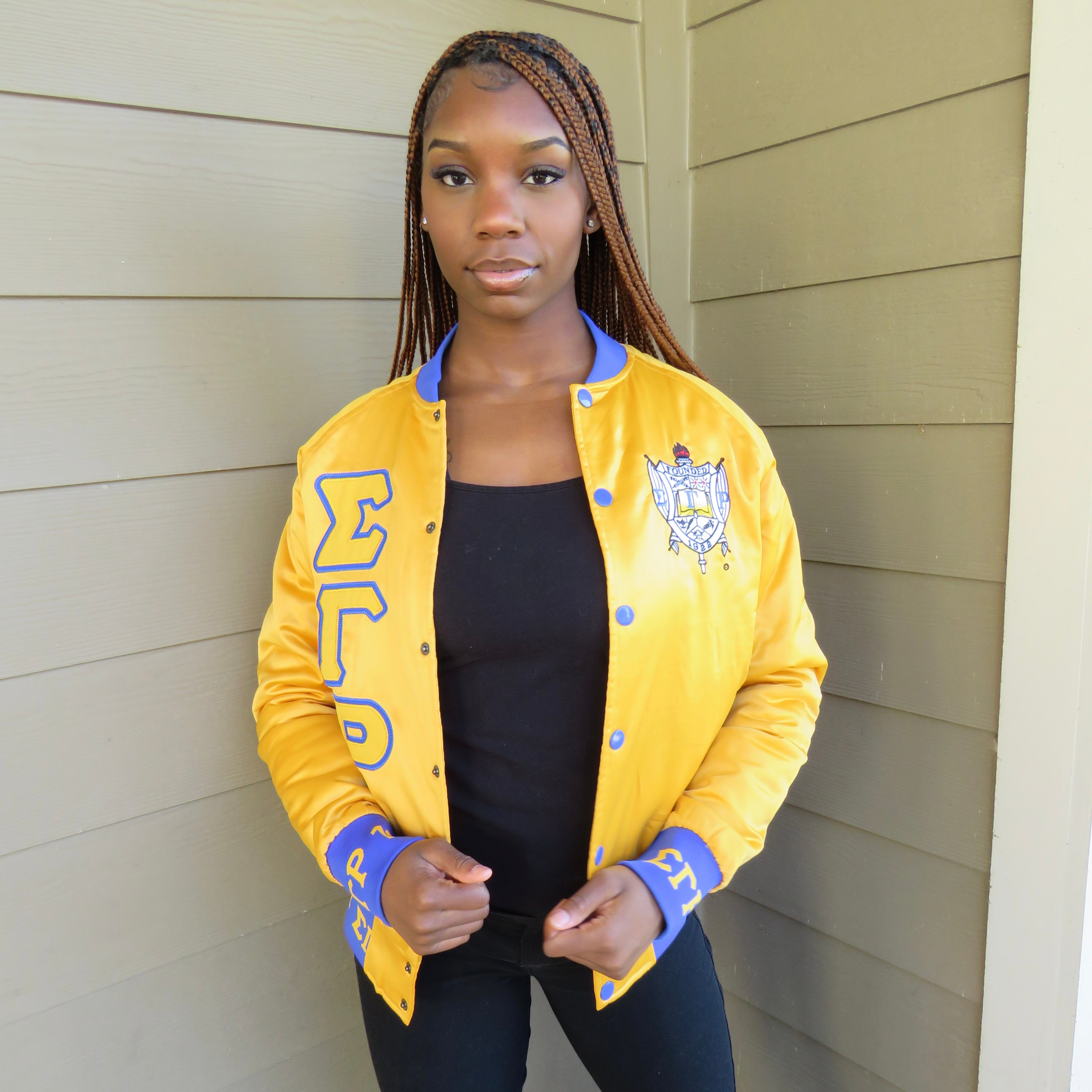 SGRho Gold Satin Bomber Jacket Custom Ribbon And Lining