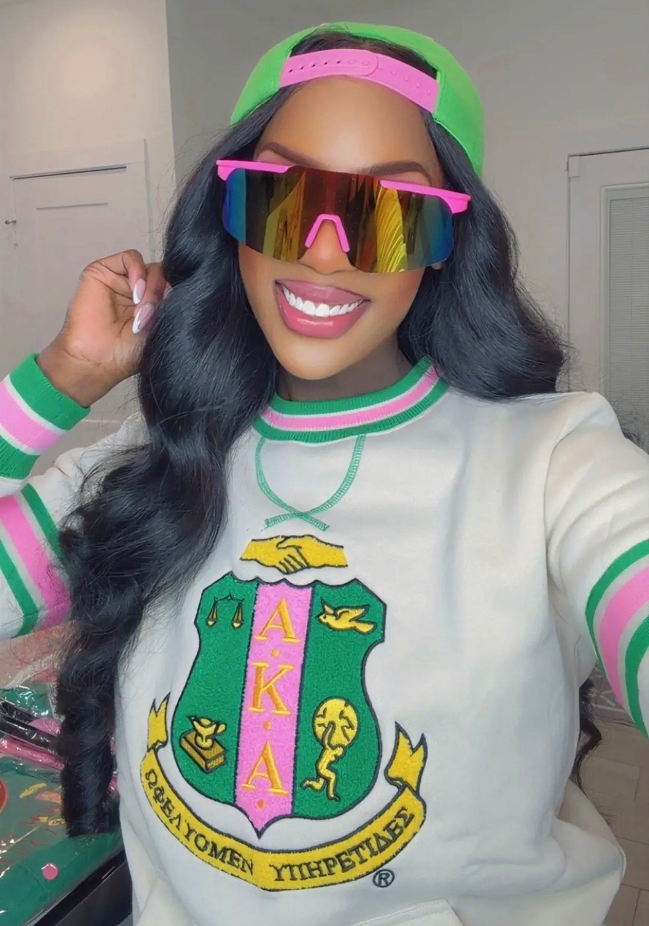 AKA Cream Stripe Crest Chenille Crewneck (Unisex Size)
