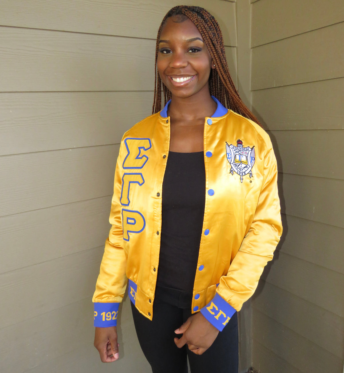 SGRho Gold Satin Bomber Jacket Custom Ribbon And Lining