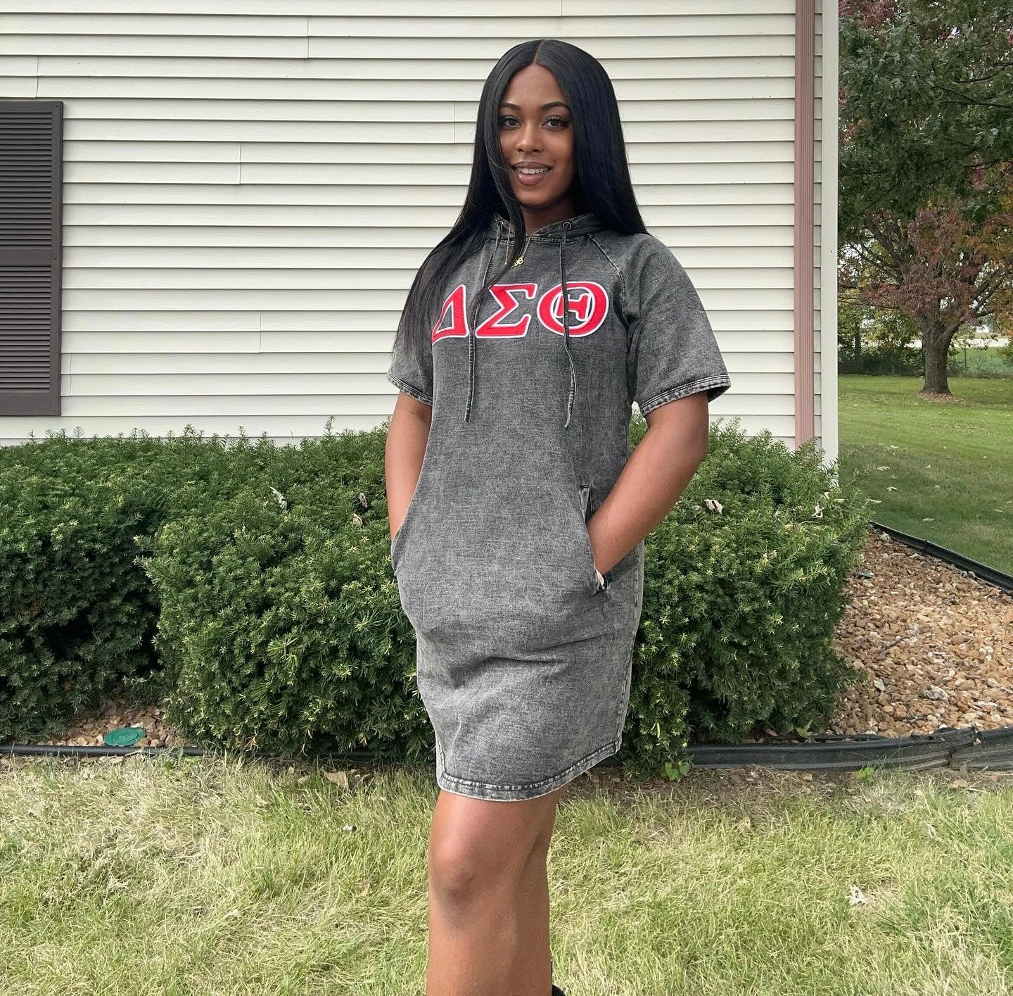 Delta Black Denim Hoodie Dress With Pockets