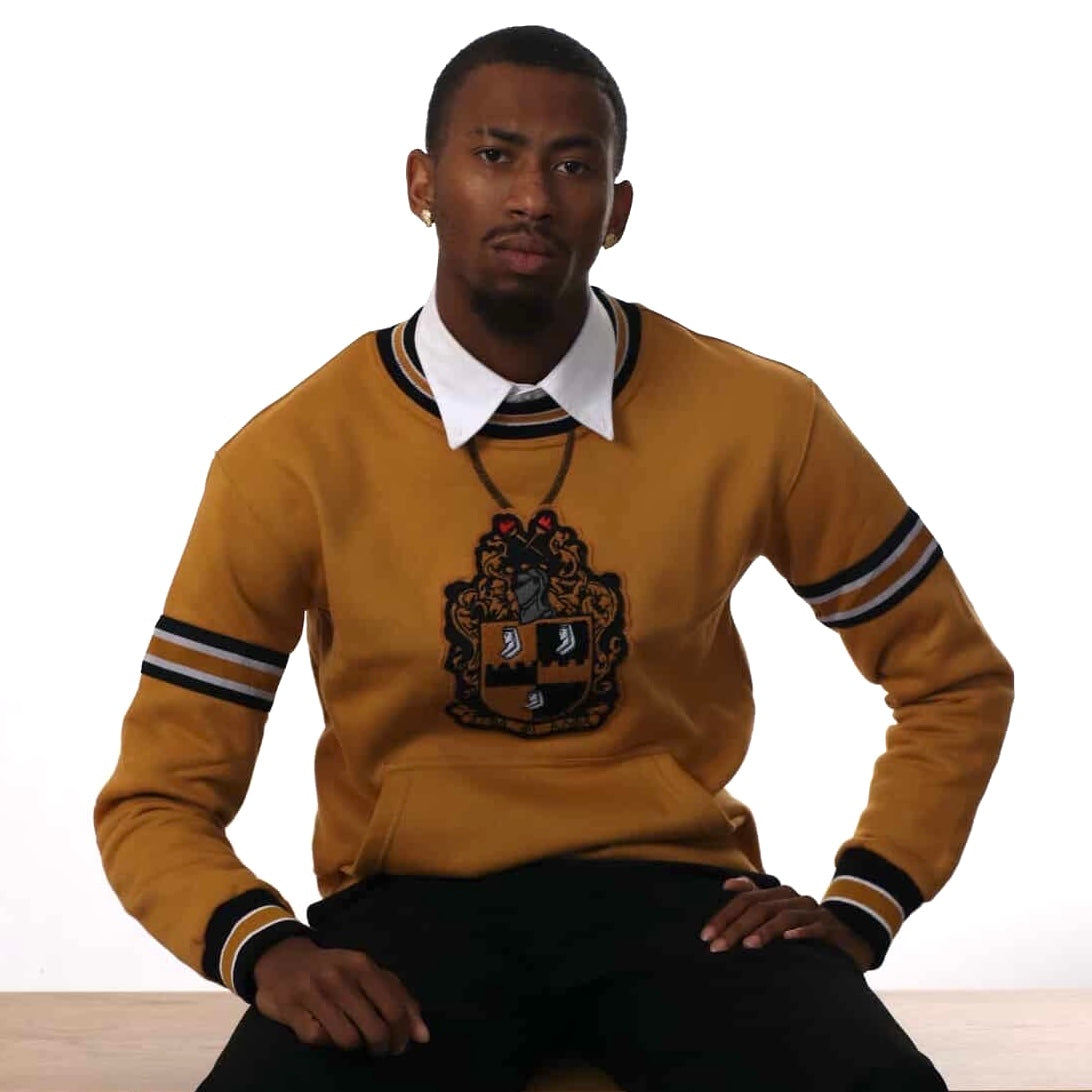Alpha Gold Stripe Crest Chenille Crewneck