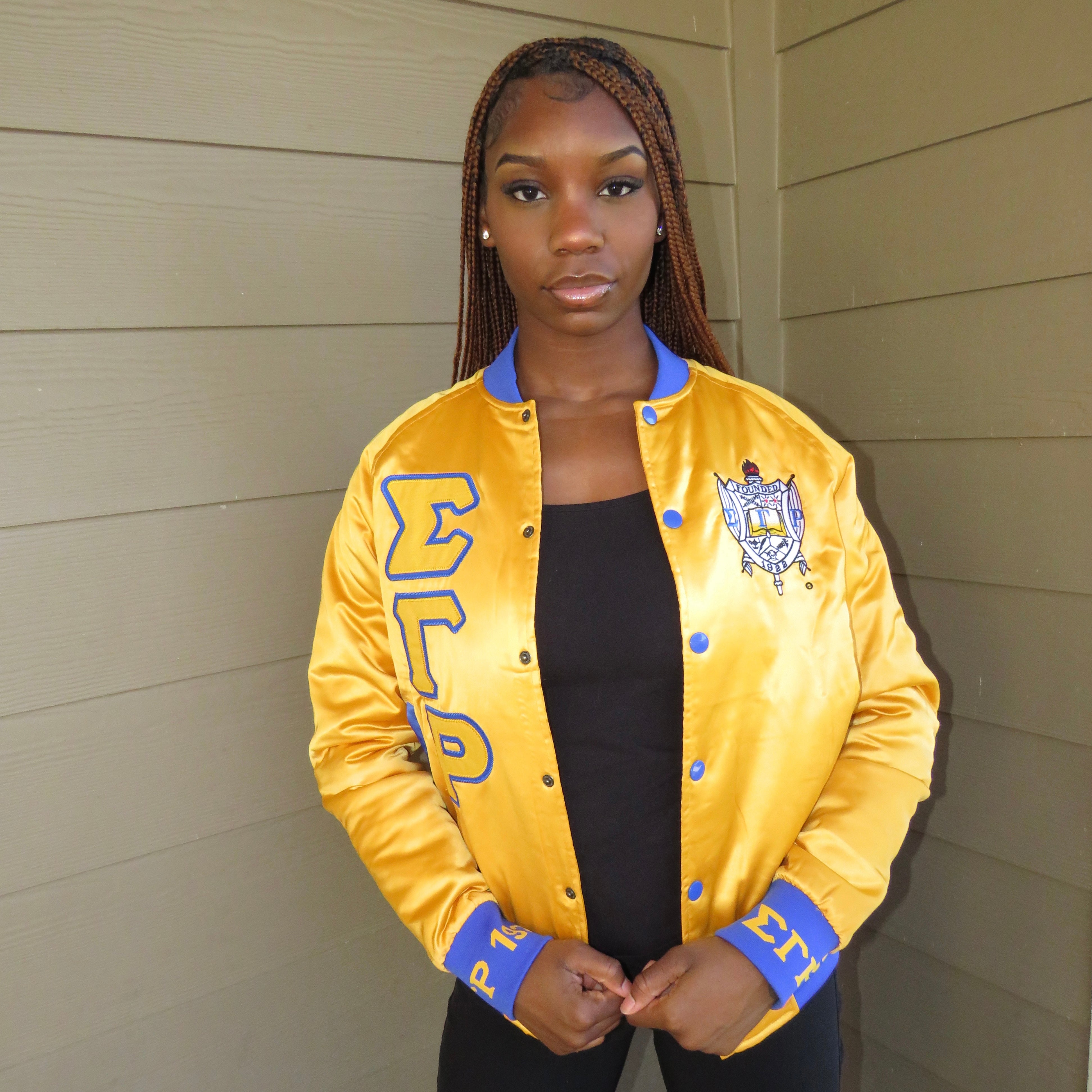SGRho Gold Satin Bomber Jacket Custom Ribbon And Lining