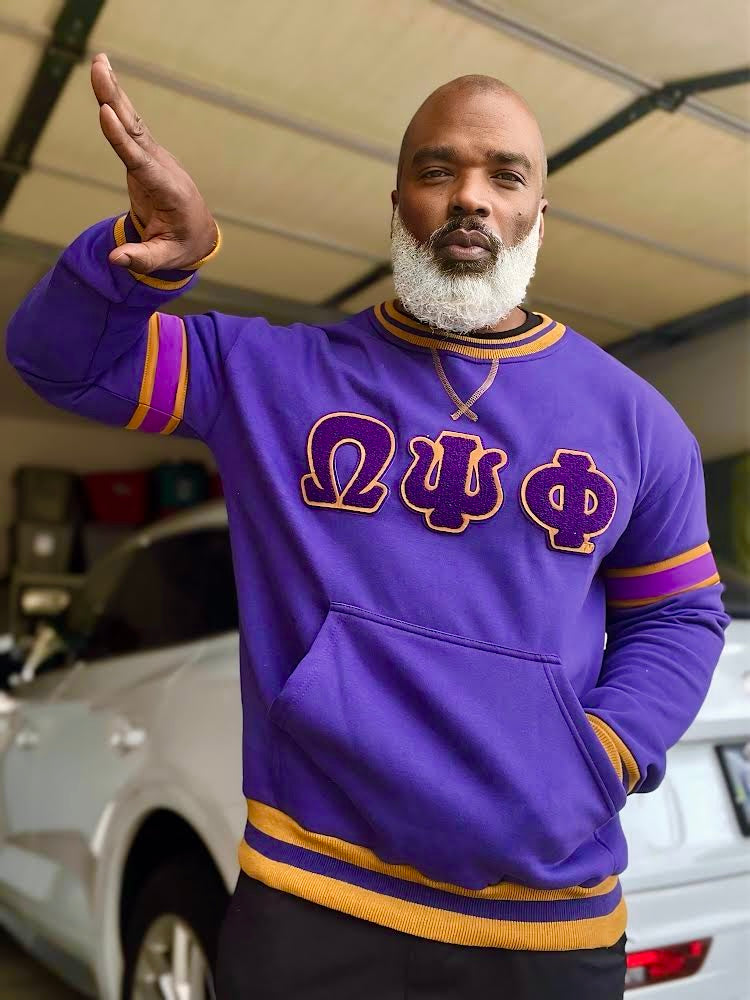 Omega Purple Stripe Letter Chenille Crewneck