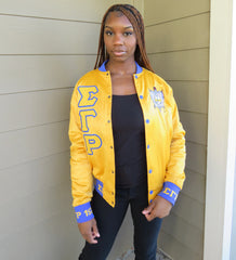 SGRho Gold Satin Bomber Jacket Custom Ribbon And Lining