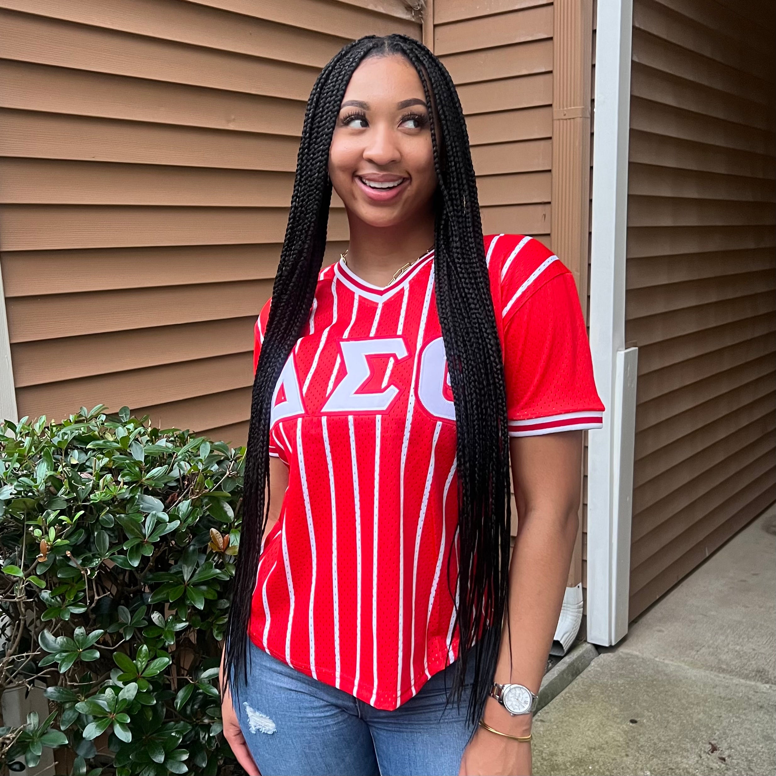 Delta Diva Red Pinstripe Baseball Jersey