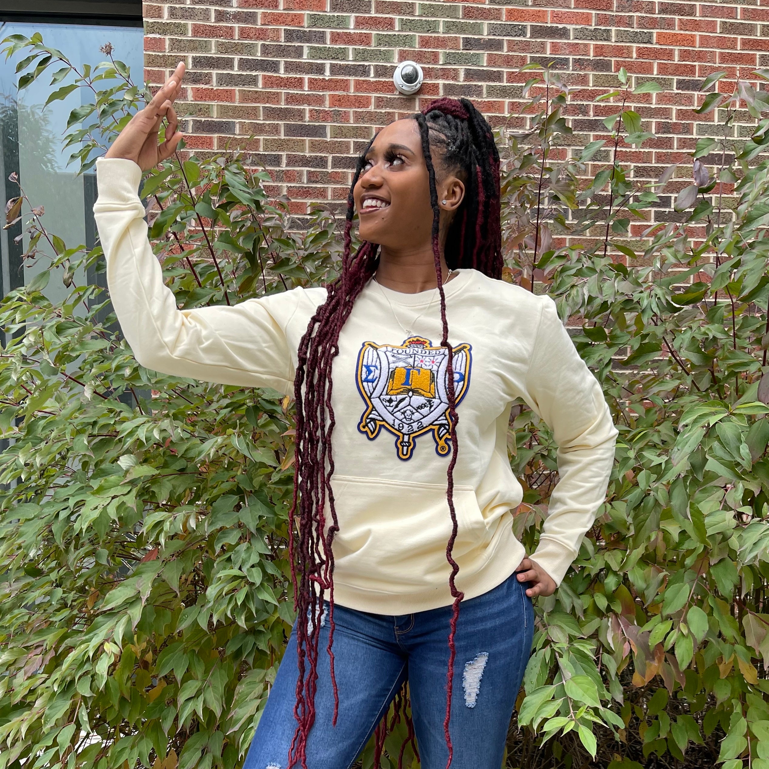 SGRho Crest Nuetral Chenille Pocket Crewneck