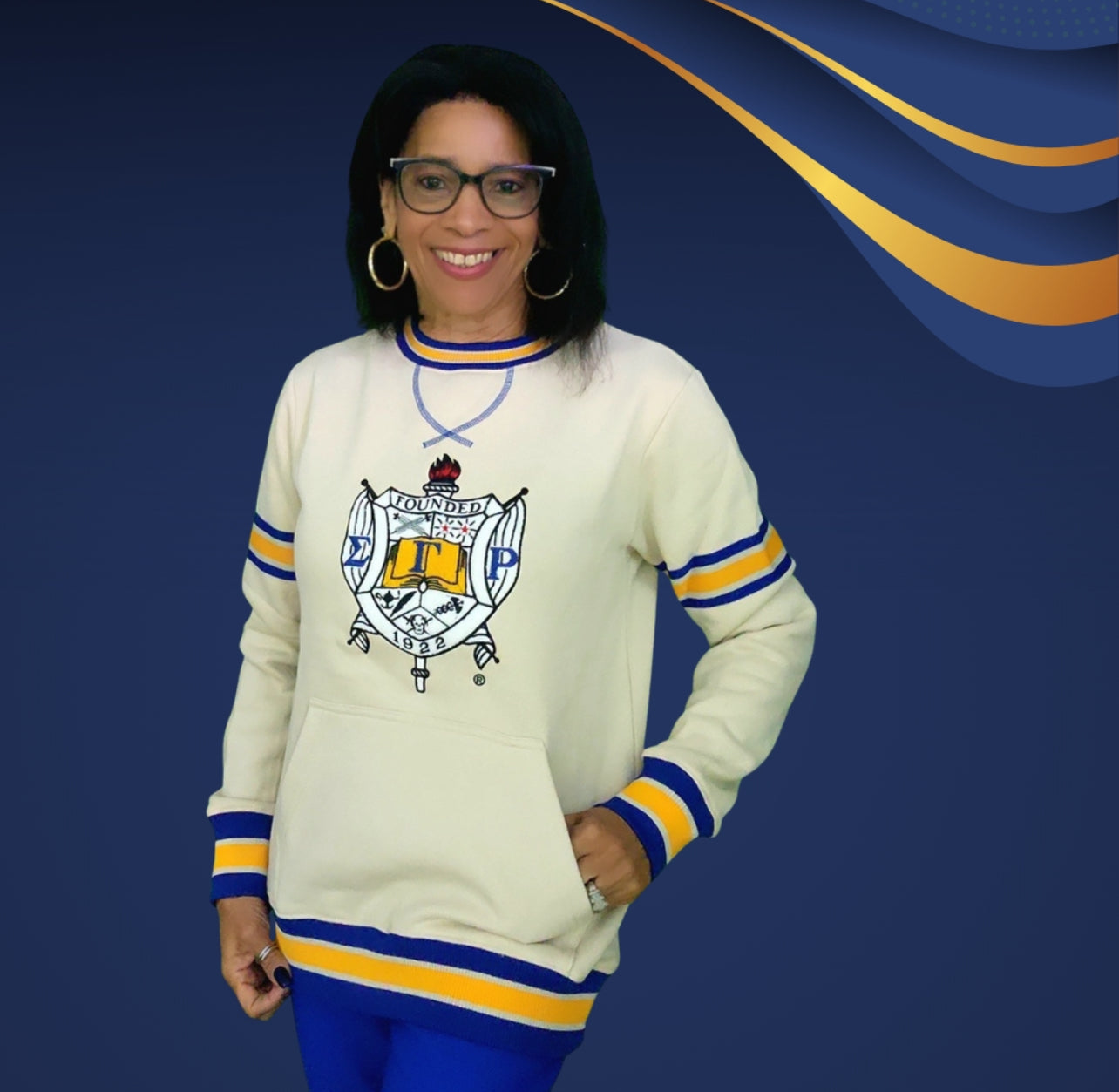 SGRho Crest Neutral Chenille Pocket Crewneck