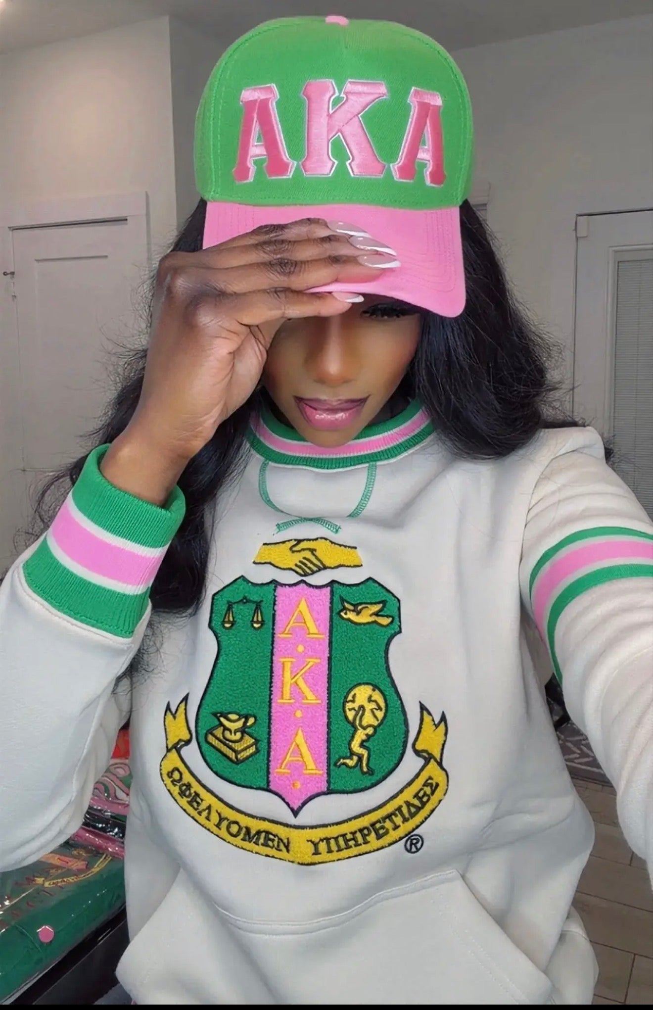 AKA Cream Stripe Crest Chenille Crewneck (Unisex Size)
