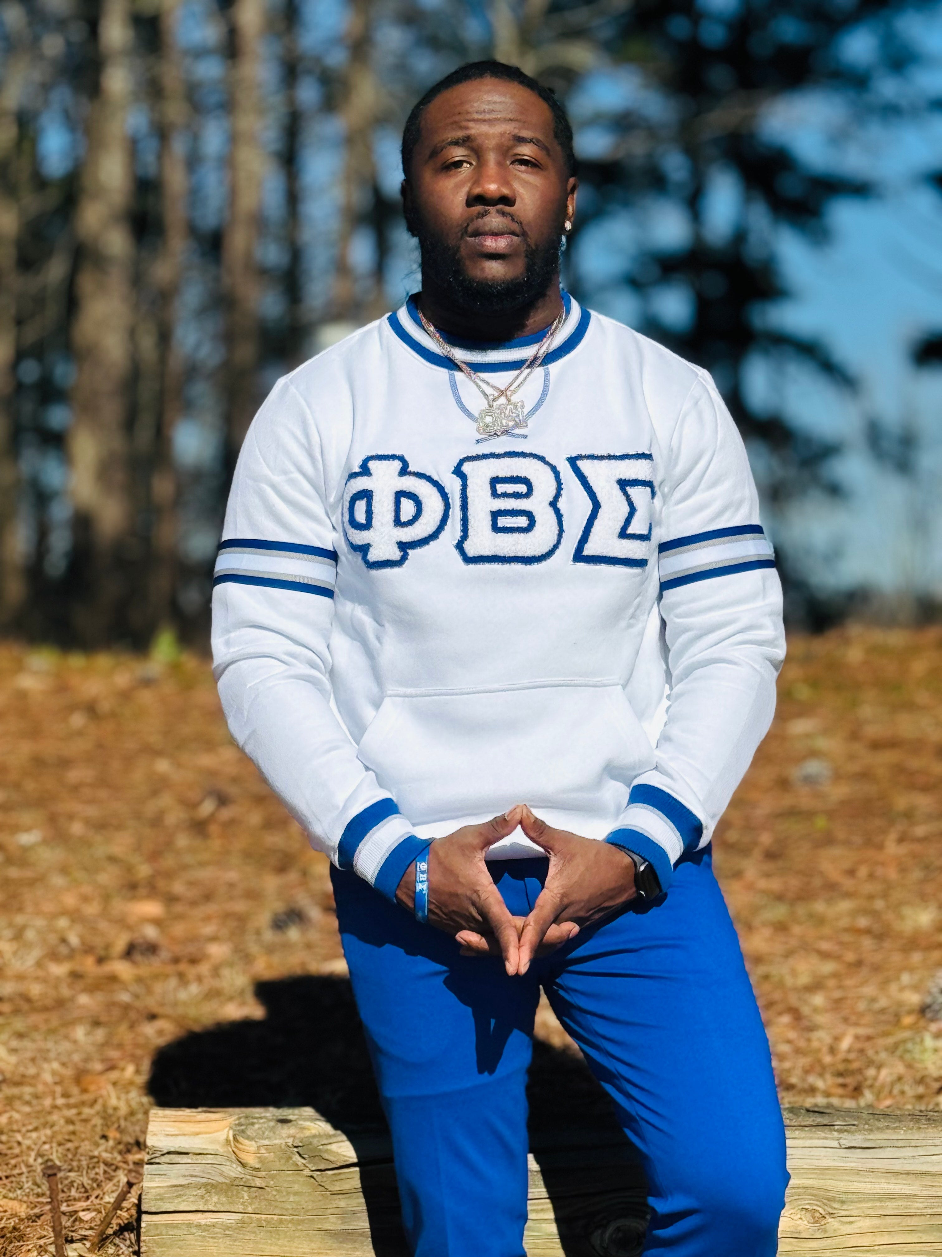 PBS White Stripe Letter Chenille Crewneck
