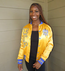 SGRho Gold Satin Bomber Jacket Custom Ribbon And Lining