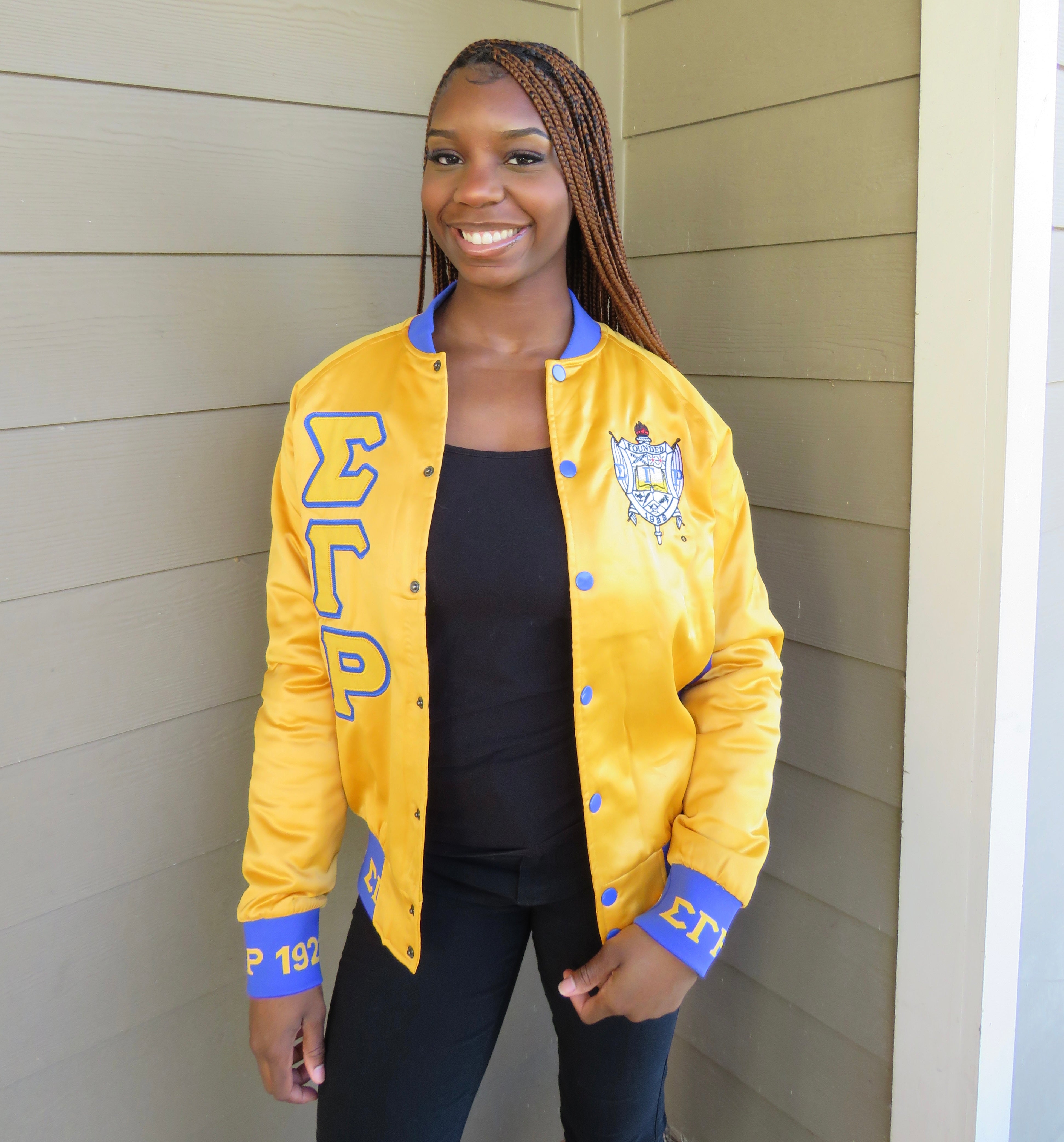 SGRho Gold Satin Bomber Jacket Custom Ribbon And Lining
