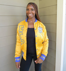 SGRho Gold Satin Bomber Jacket Custom Ribbon And Lining