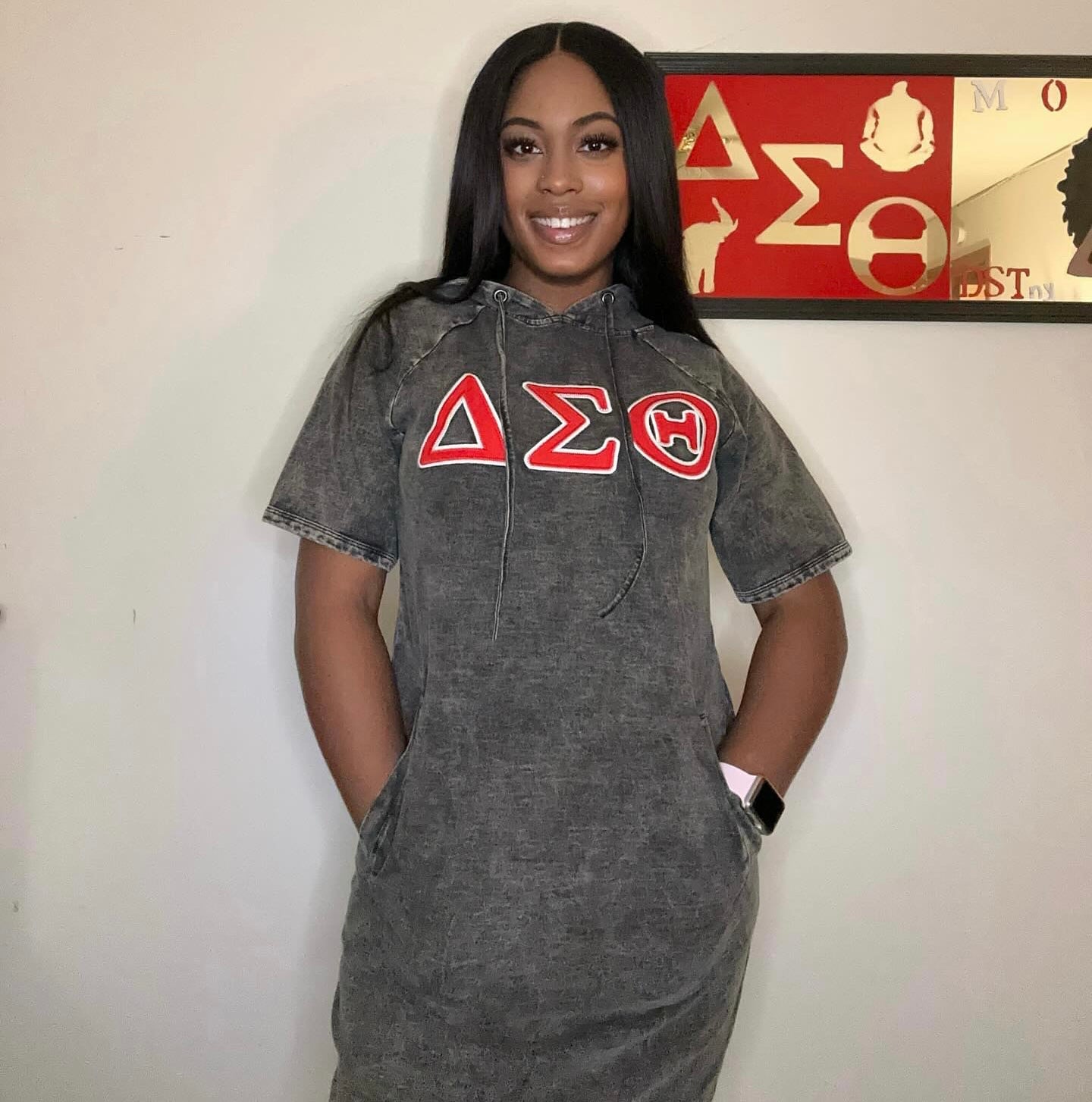 Delta Black Denim Hoodie Dress With Pockets