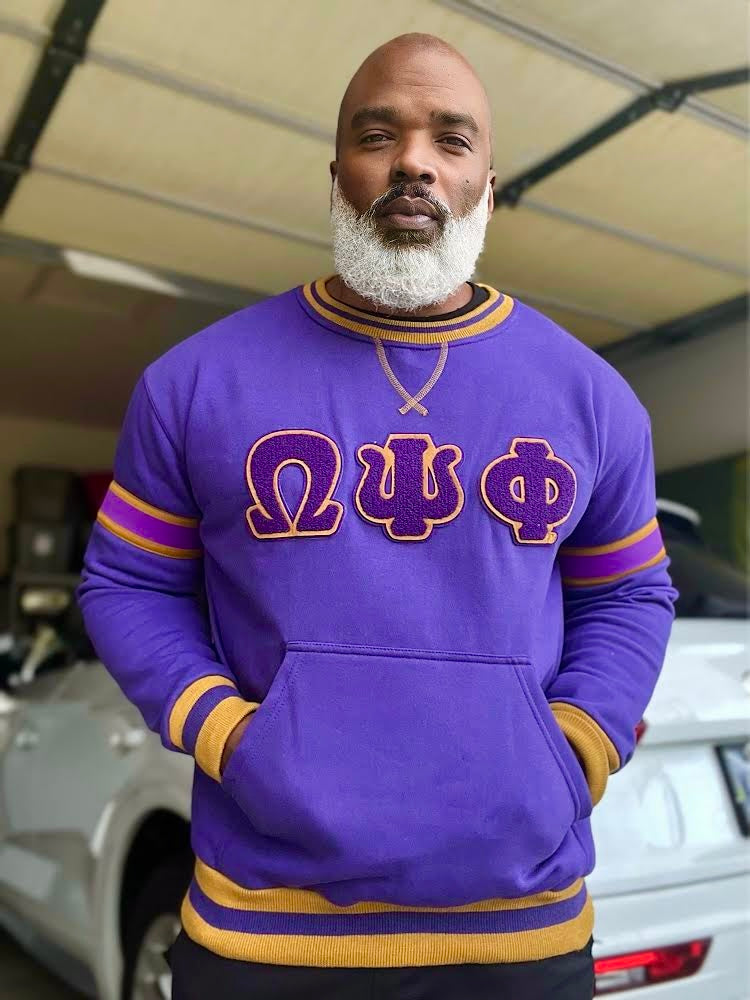 Omega Purple Stripe Letter Chenille Crewneck