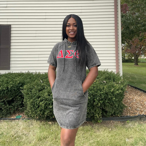 Delta Black Denim Hoodie Dress With Pockets