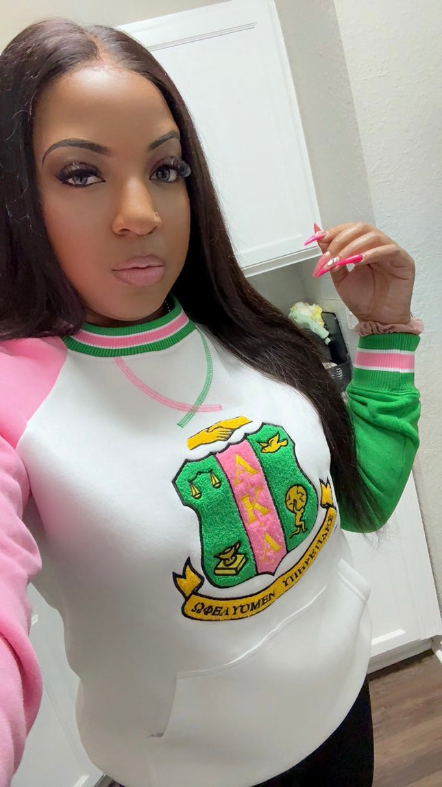 AKA Crest White Opp Sleeve Chenille Crewneck (Unisex Size)