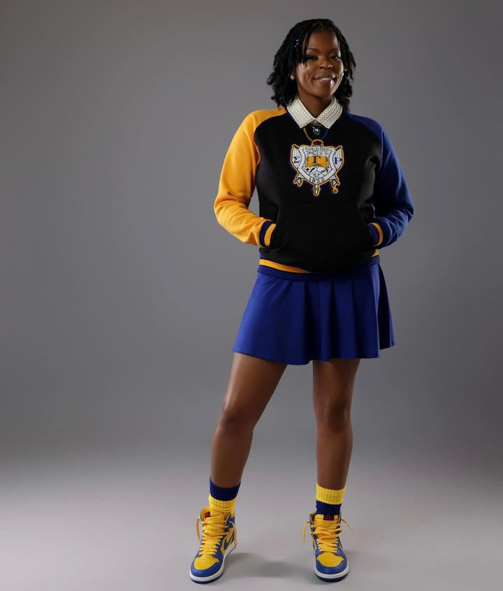 SGRho Black Opp Sleeve Chenille Crest Pocket Crewneck