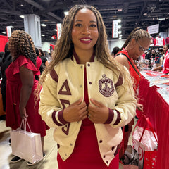 Delta Cream Wool and Crimson Leather Letterman Jacket