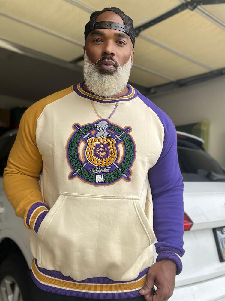 Omega Opposite Sleeve Crest Chenille Crewneck