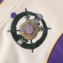 Omega Psi Phi Neutral Wool And Leather Letterman Jacket
