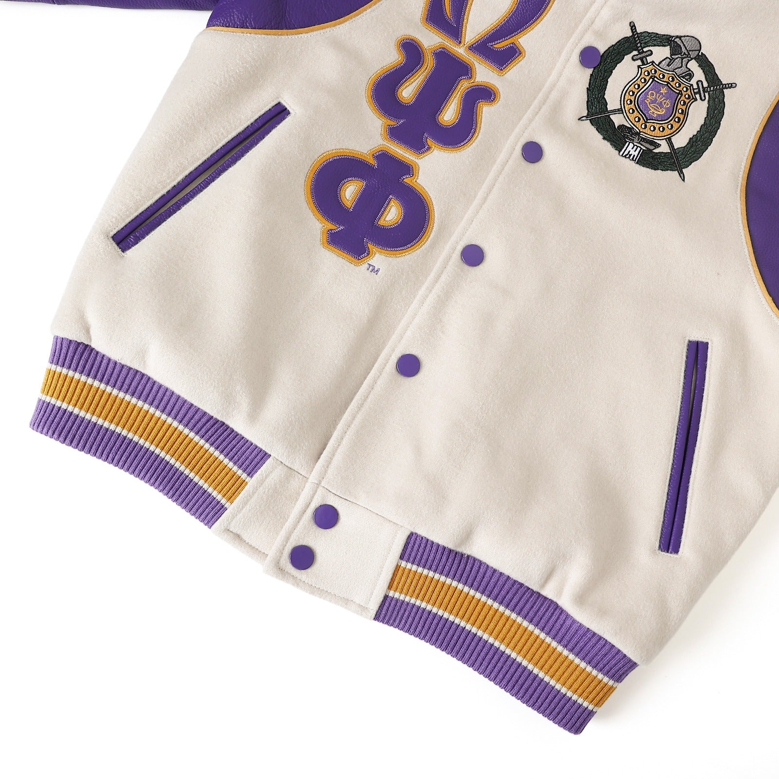 Omega Psi Phi Neutral Wool And Leather Letterman Jacket