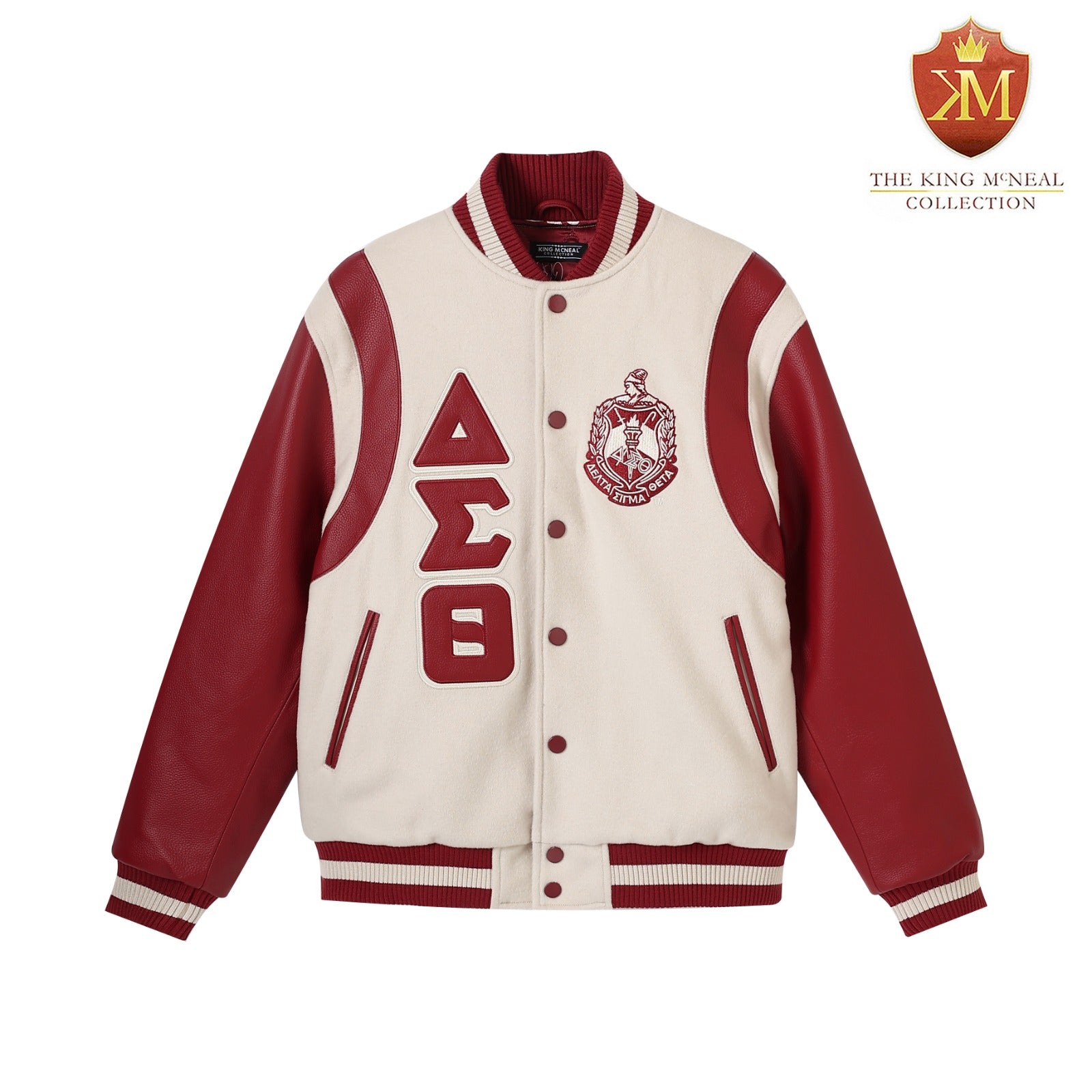 Delta Sigma Theta Neutral Wool And Leather Letterman Jacket