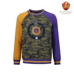 Omega Camo Opposite Sleeve Crest Chenille Crewneck