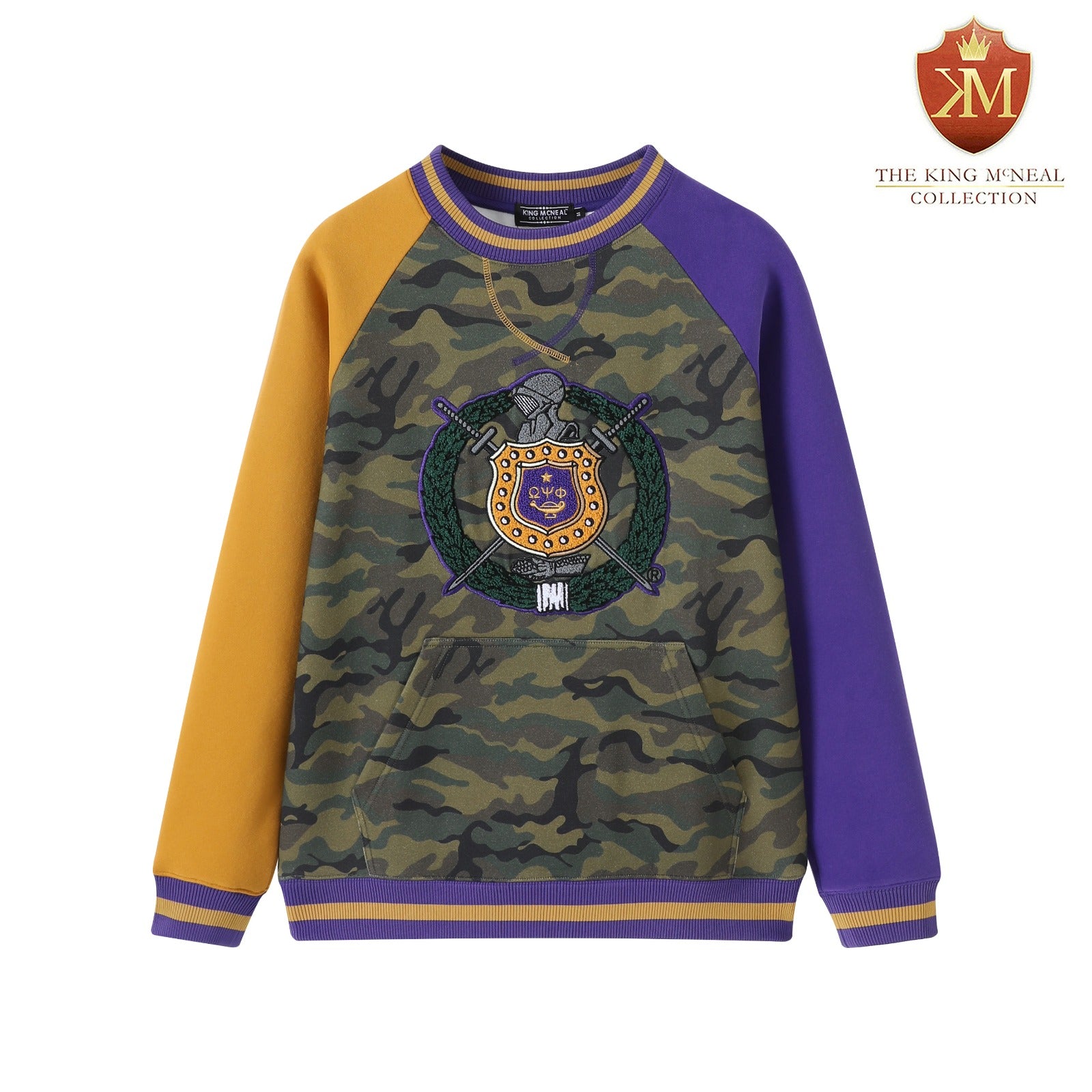 Omega Camo Opposite Sleeve Crest Chenille Crewneck
