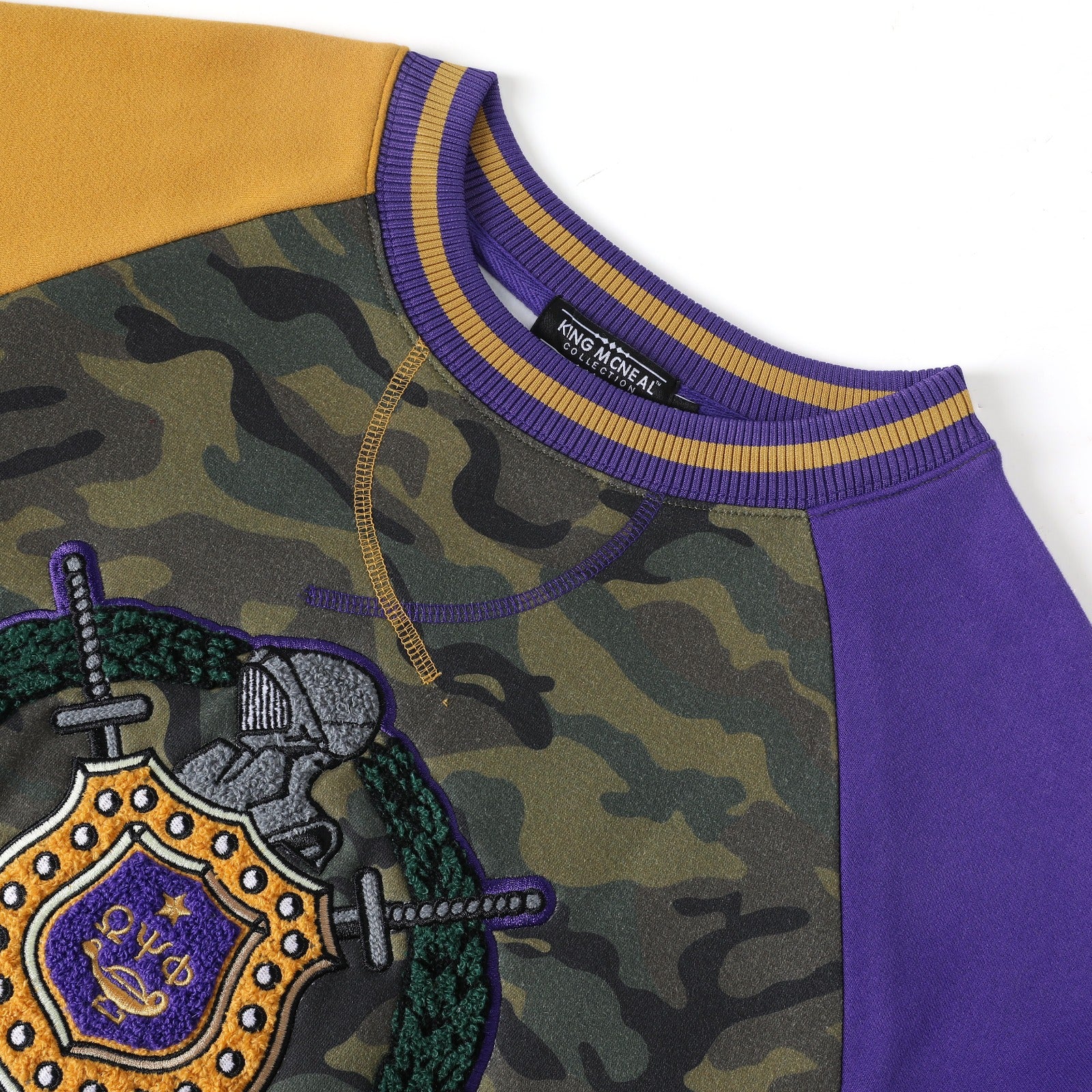 Omega Camo Opposite Sleeve Crest Chenille Crewneck