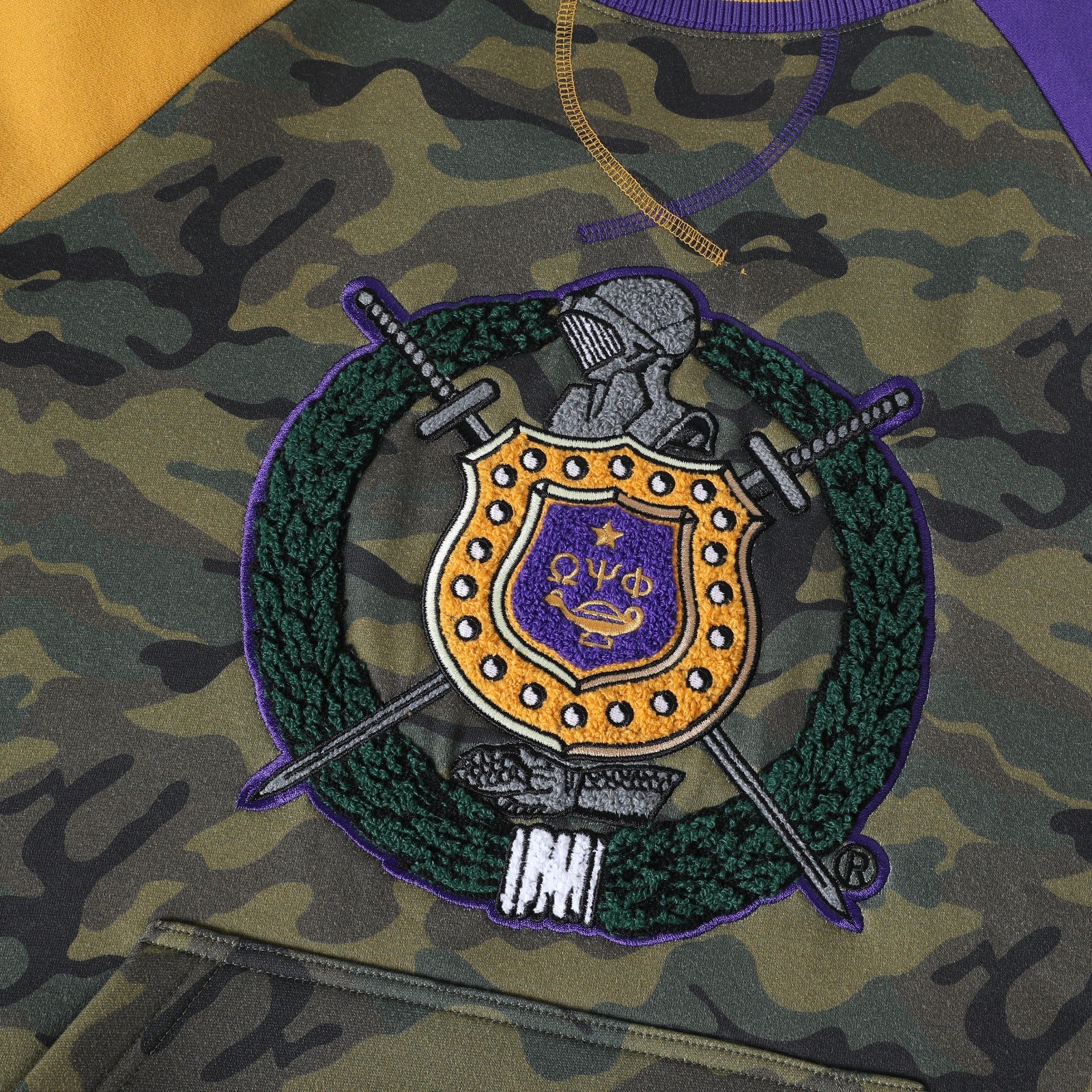 Omega Camo Opposite Sleeve Crest Chenille Crewneck