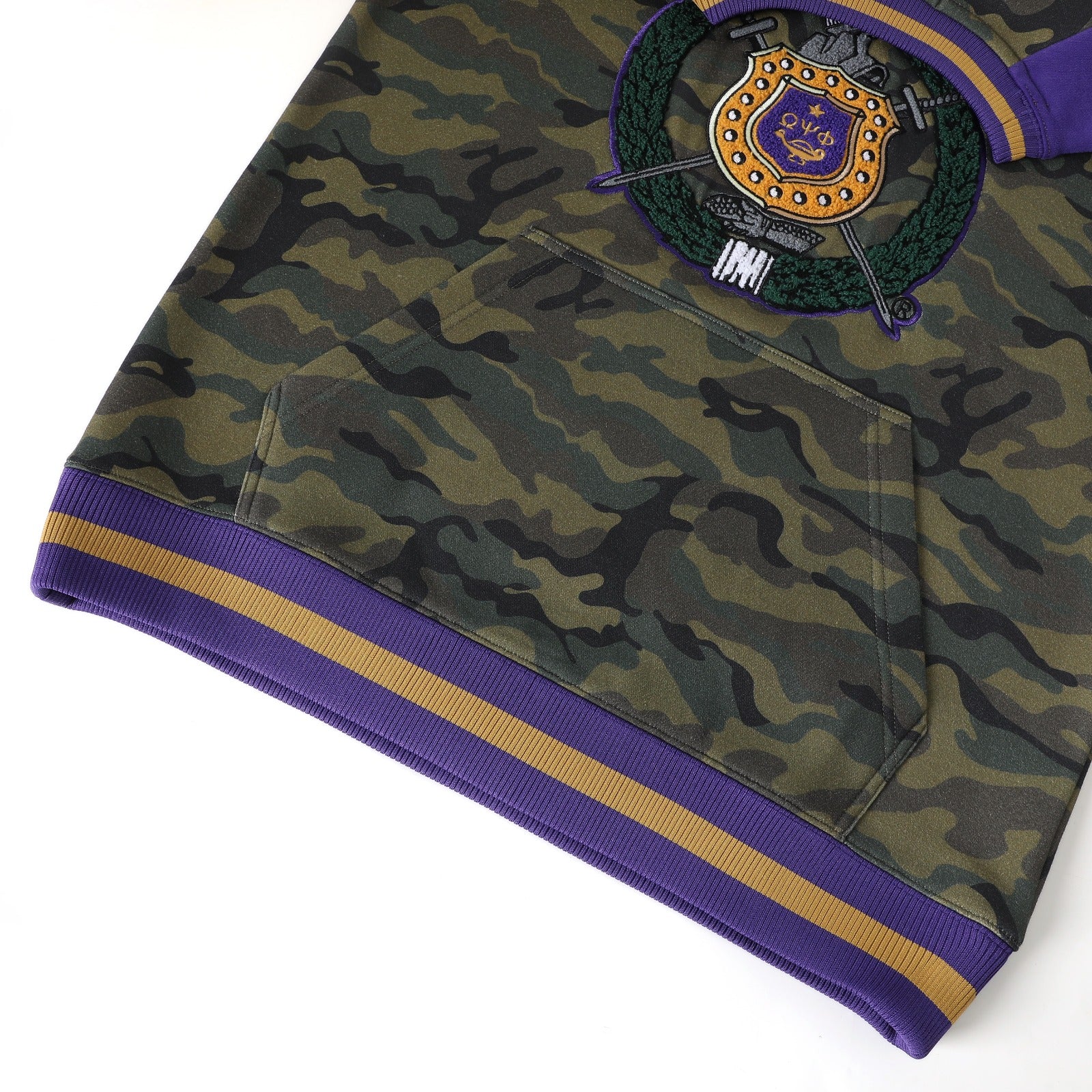 Omega Camo Opposite Sleeve Crest Chenille Crewneck