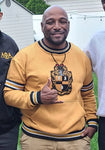 Alpha Gold Stripe Crest Chenille Crewneck