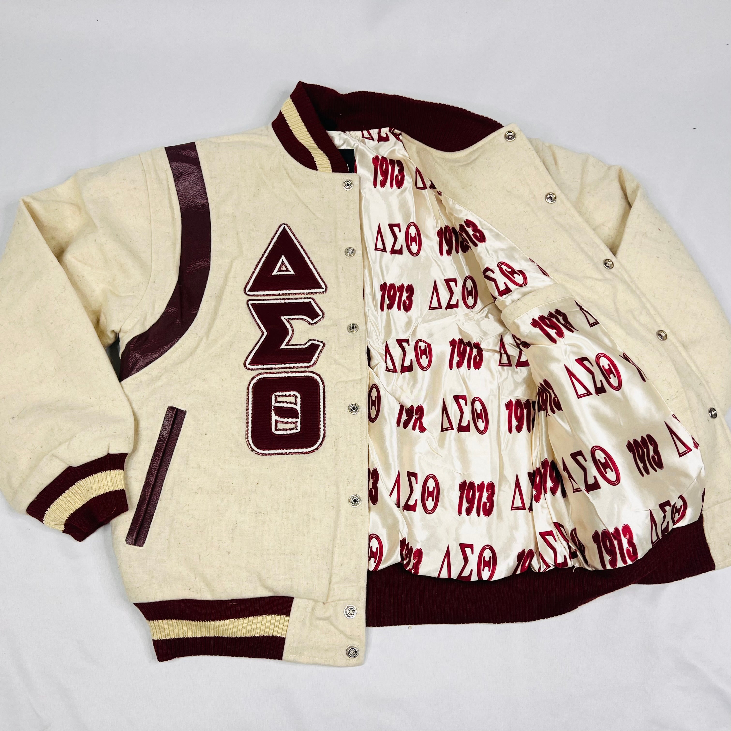 Delta Cream Wool and Crimson Leather Letterman Jacket