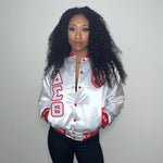 Delta White Satin Bomber Jacket Custom Ribbon And Lining