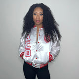 Delta White Satin Bomber Jacket Custom Ribbon And Lining