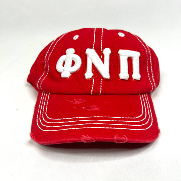 Phi Nu Pi Red & White Stitched Distressed Hat