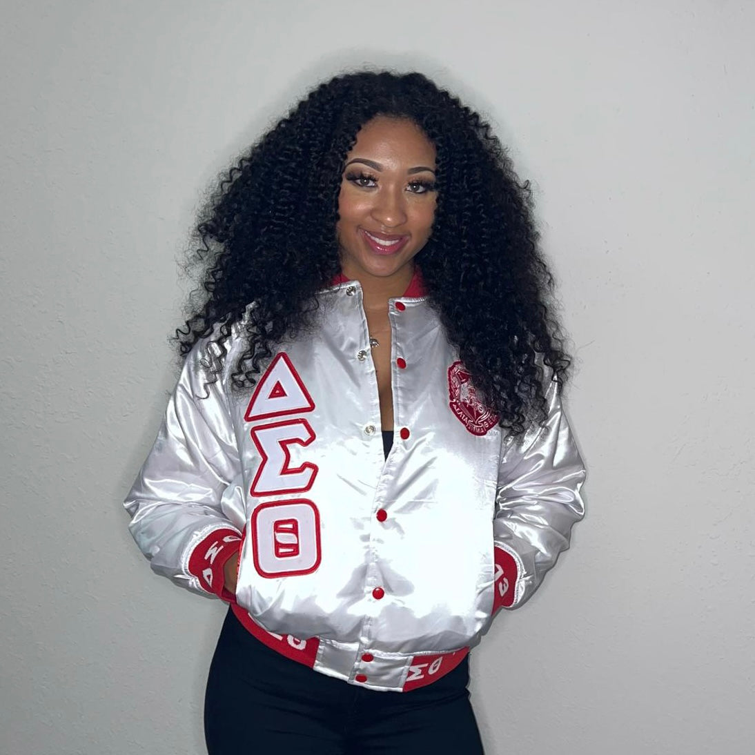 Delta White Satin Bomber Jacket Custom Ribbon And Lining