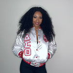 Delta White Satin Bomber Jacket Custom Ribbon And Lining