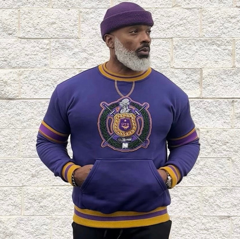 Omega Purple Stripe Crest Chenille Crewneck