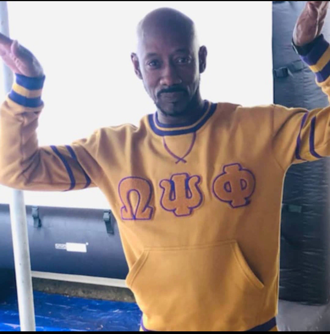 Omega Gold Stripe Letter Chenille Crewneck