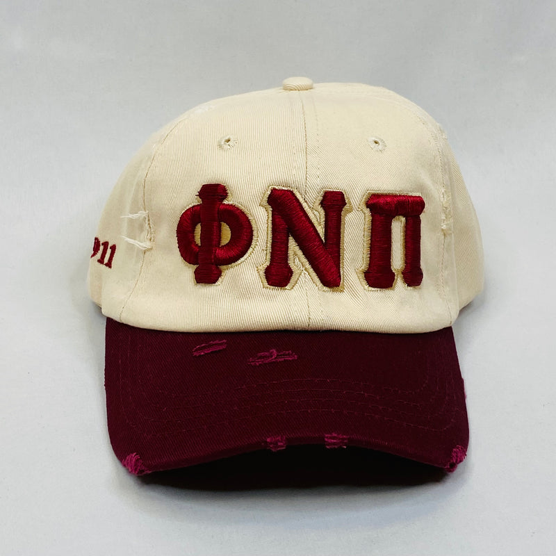 “ΦΝΠ” Phi Nu Pi Kream & Krimson distressed hat