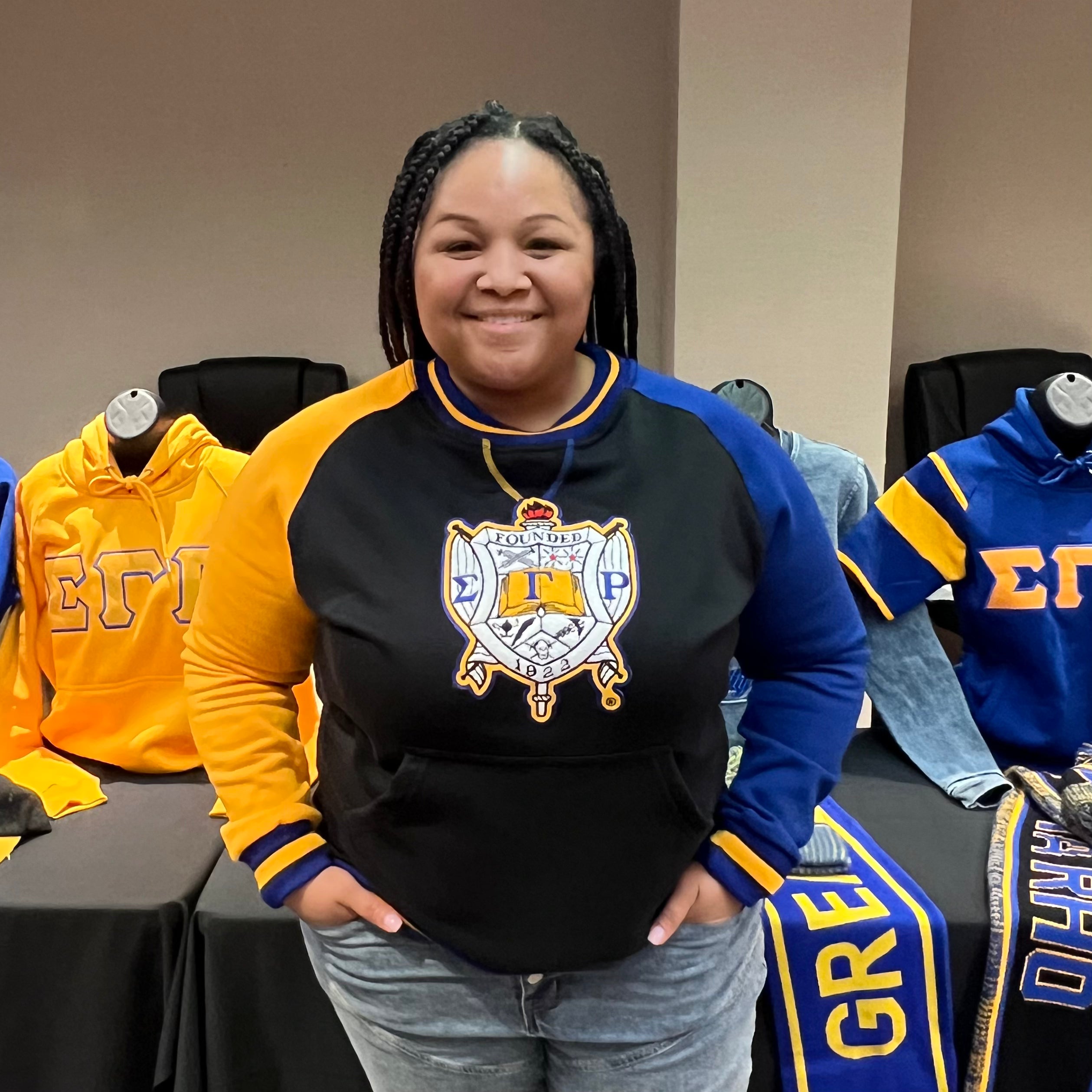 SGRho Black Opp Sleeve Chenille Crest Pocket Crewneck