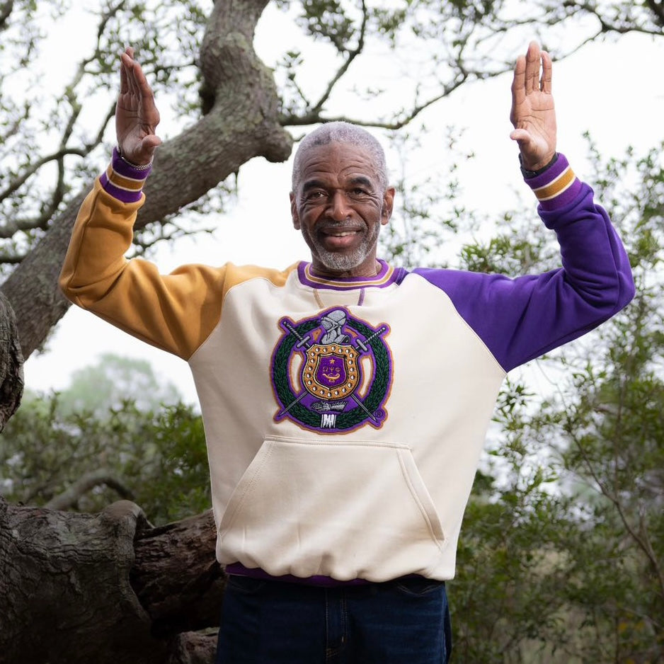 Omega Opposite Sleeve Crest Chenille Crewneck