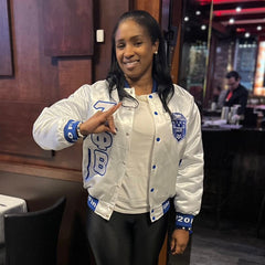 Zeta White Satin Bomber Jacket Custom Ribbon And Lining