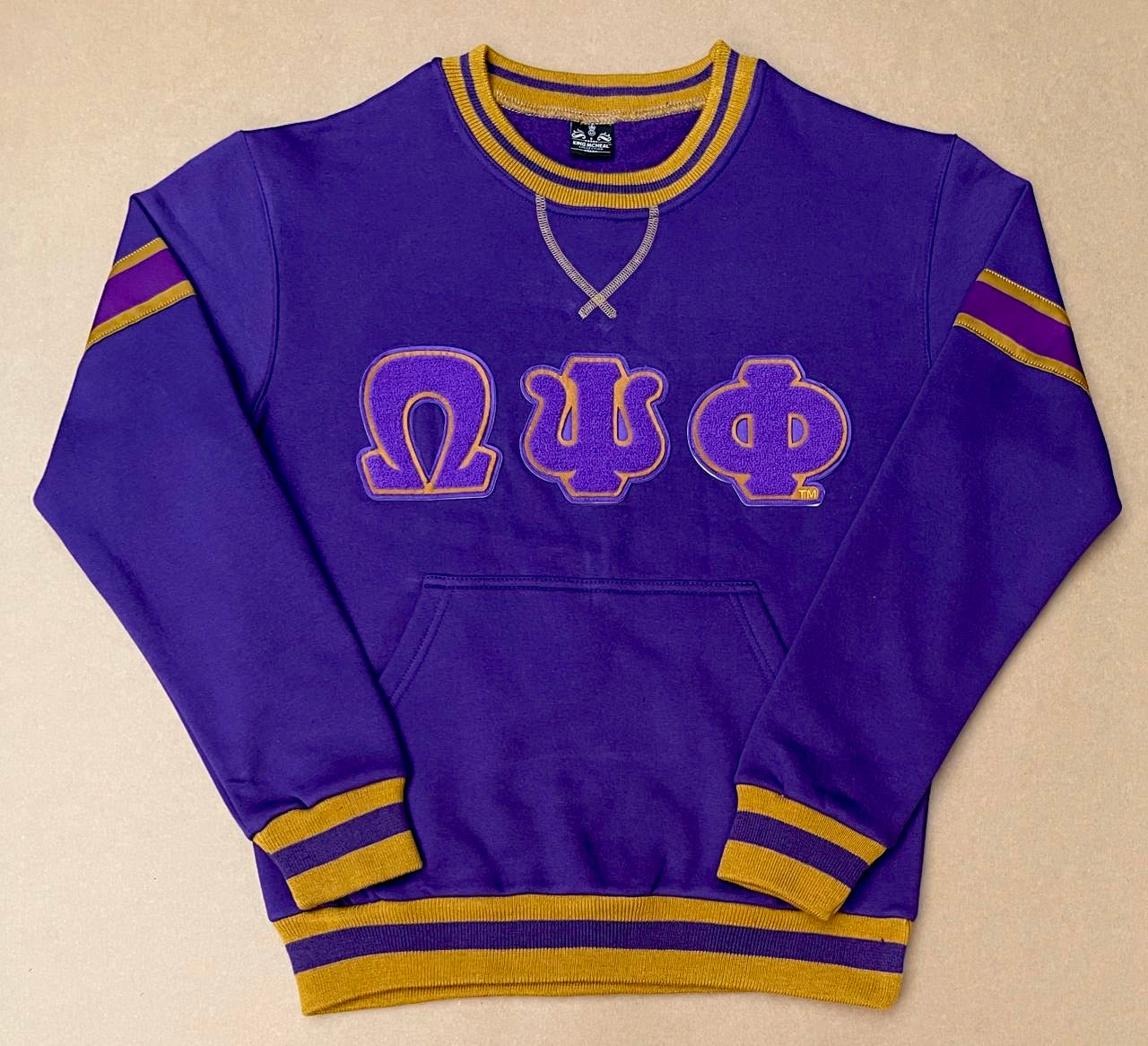Omega Purple Stripe Letter Chenille Crewneck
